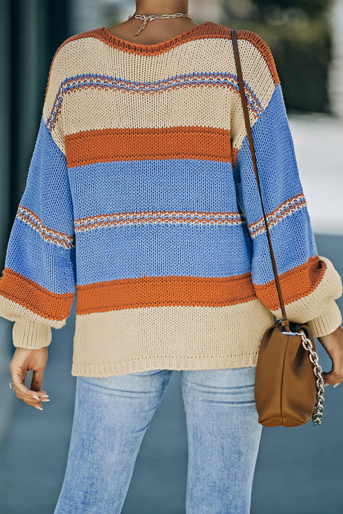 V-Neck Knitted Lantern Sleeve Pullover Sweater